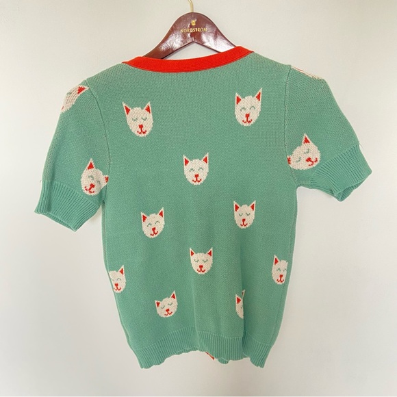 ModCloth 😻 Cat Cardigan 100% Cotton Green Teal with Orange White Accents Kitty S - Picture 7 of 10